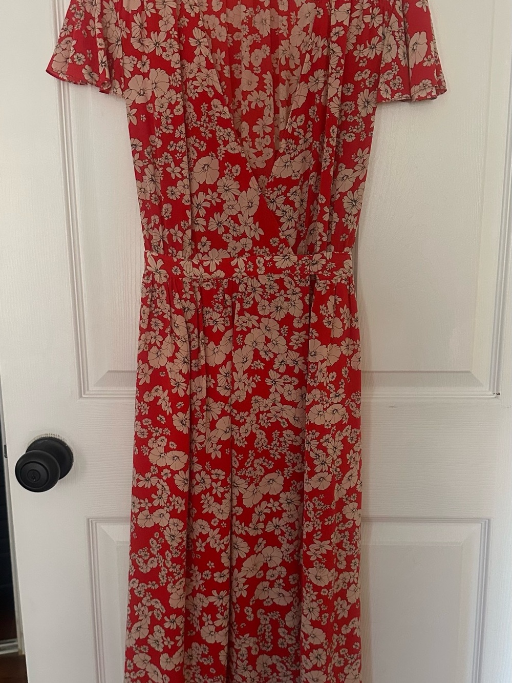 Rebecca Taylor Red Cherry Blossom Midi Wrap Dress with Cream Floral Print - Picture 2 of 4
